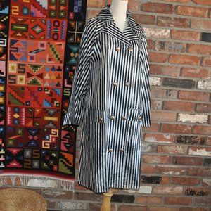 New old stock. Vtg 70s Vinyl Raincoat Black & White Stripe. Gold tone Buttons M